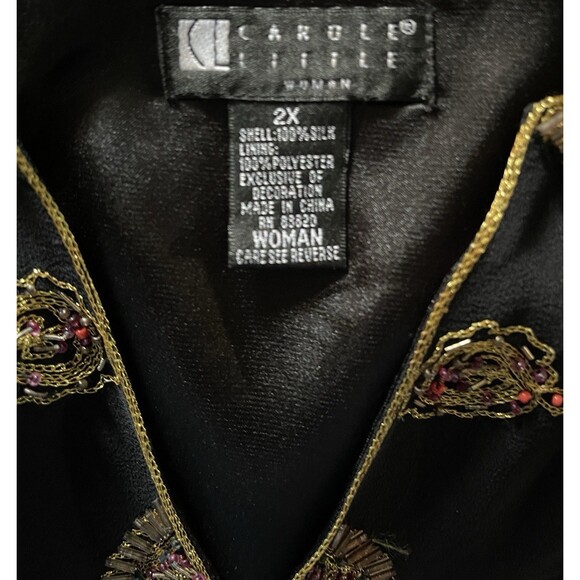 Vtg CAROLE LITTLE Woman Whimsigoth Boho Embroidered Beaded Black Silk Tunic 2X - Picture 4 of 8